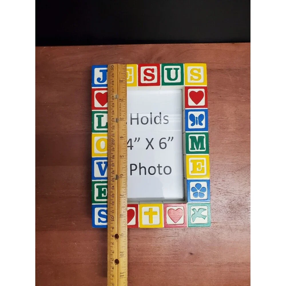Vintage Jesus Loves Me Religious Child's Toy Block Picture Photo Frame 4x6